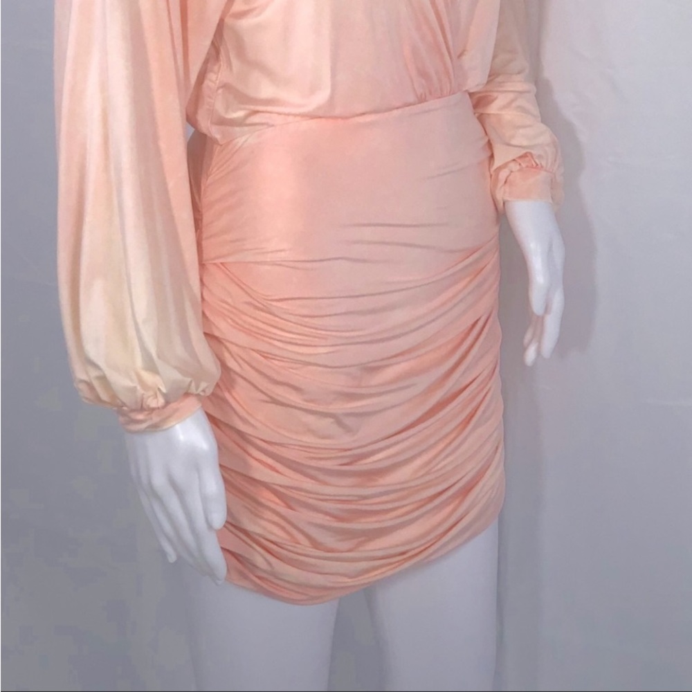 YF&B Peachy Pink Single Button Crossover Front LS Sides Ruched Mini Dress SzS - Picture 14 of 16